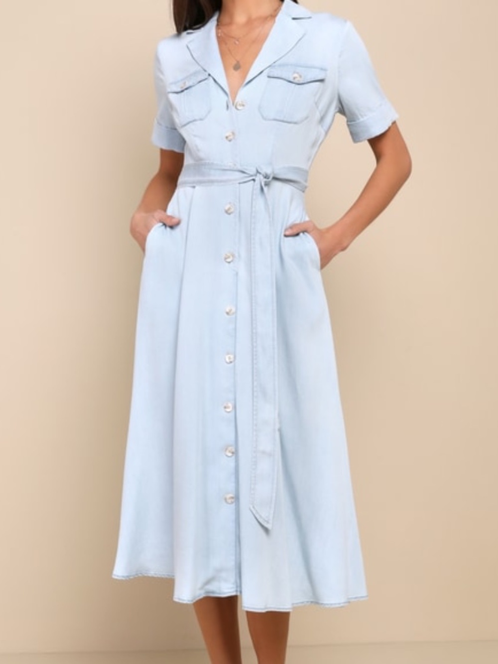 Lulus Pleasant Cutie Blue Chambray Collared Midi Dress With Pockets - Size XS